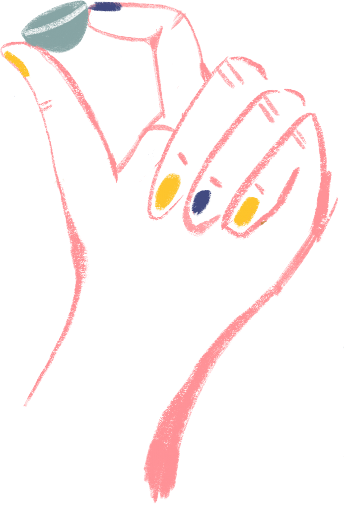 An illustration of a hand with painted nails, holding a contact lens