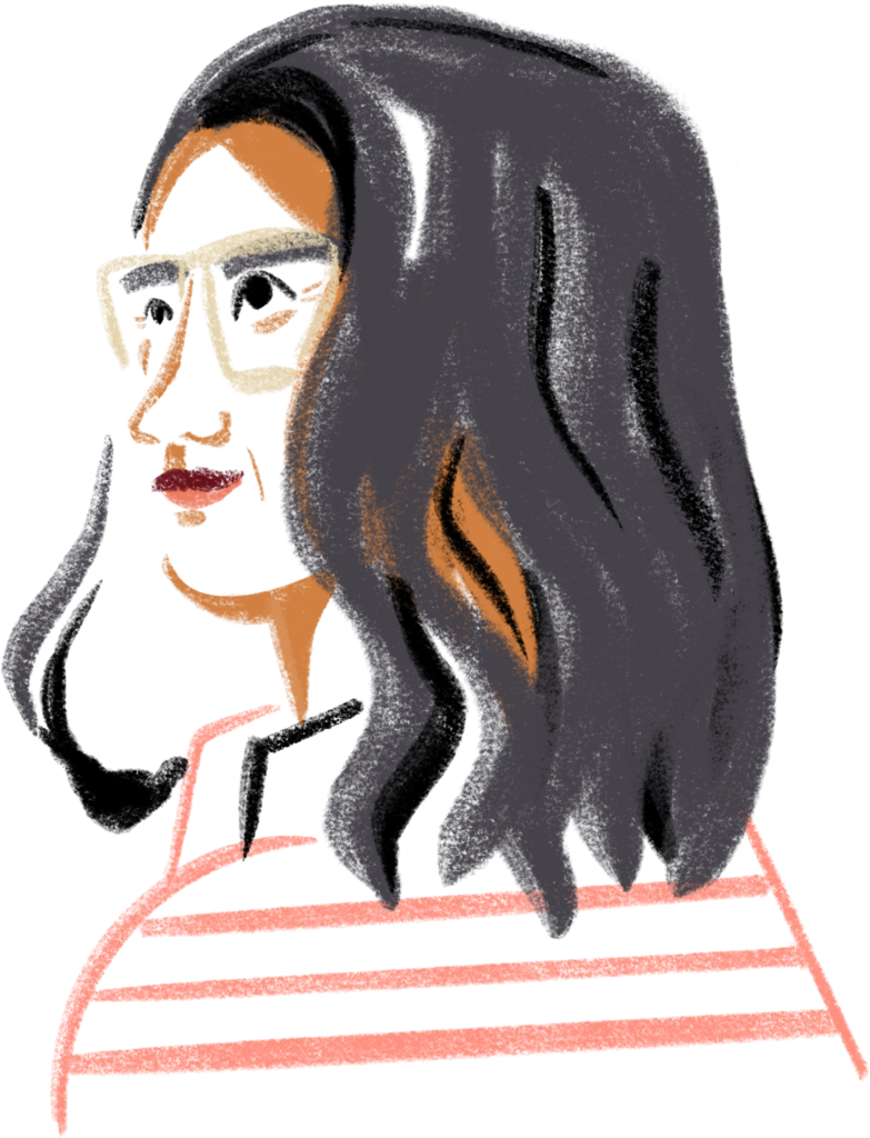 Illustration of a person with long hair wearing glasses