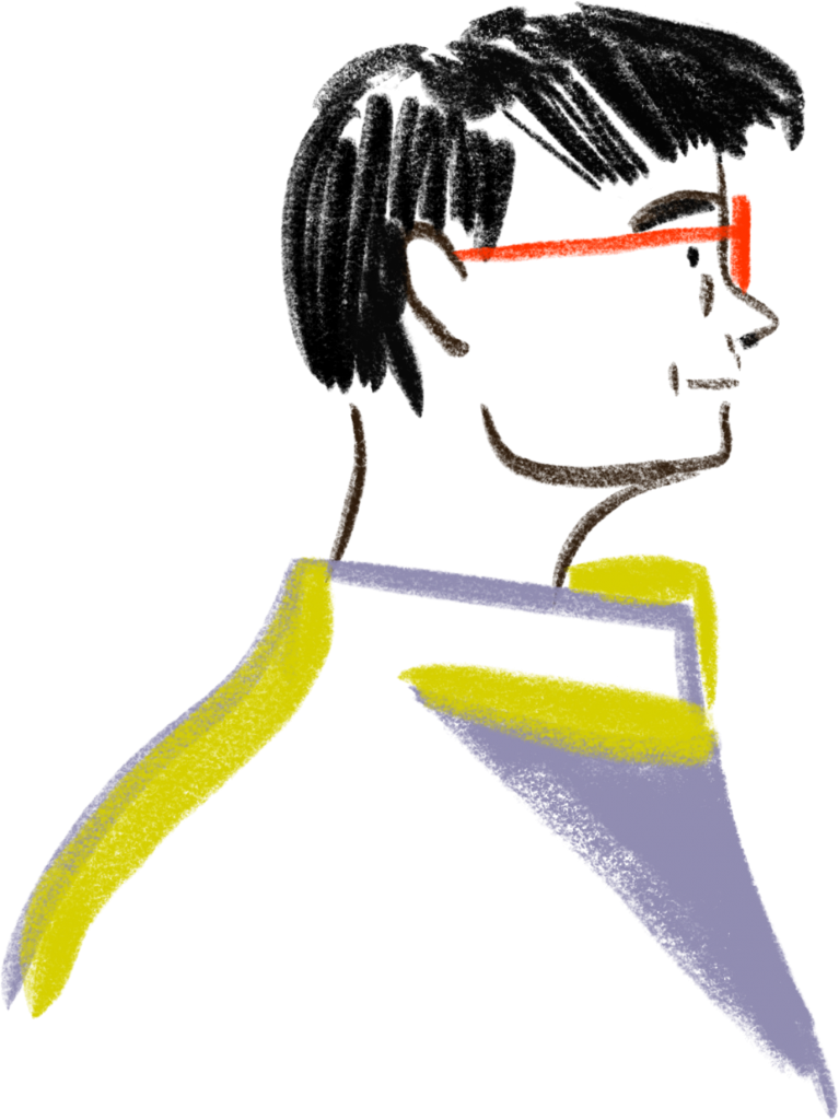 An illustration of a person in side-profile, wearing glasses