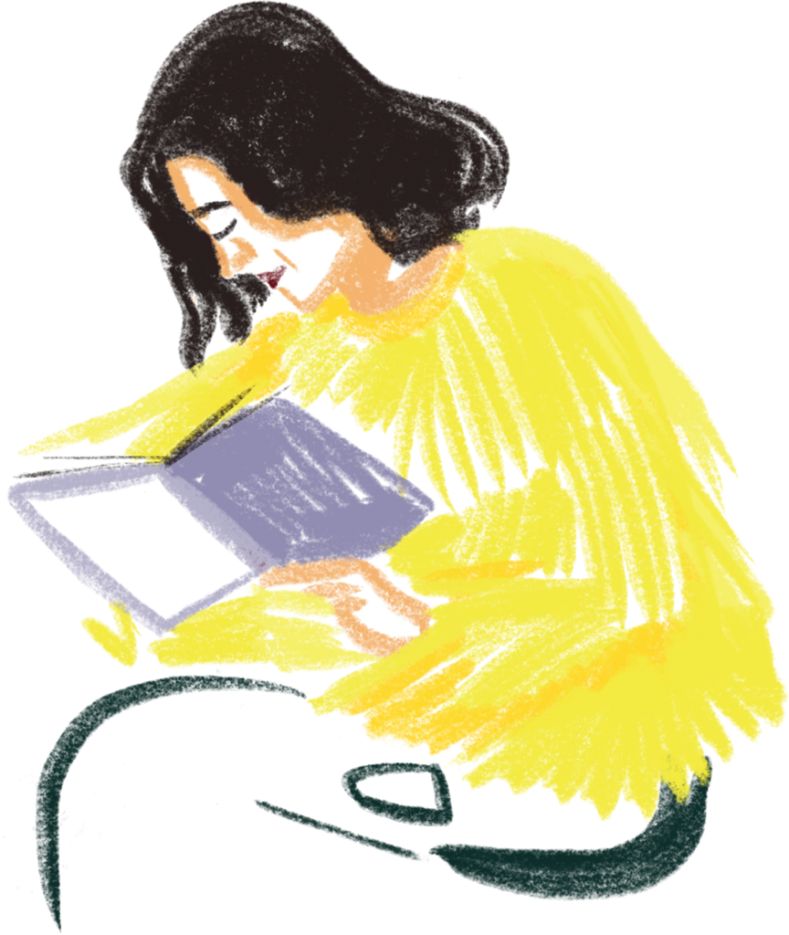 An illustration of a person with long hair reading a book