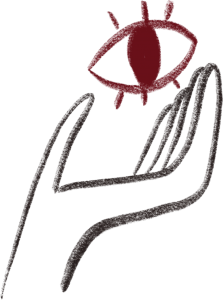 An illustration of a hand with a red-eye above it